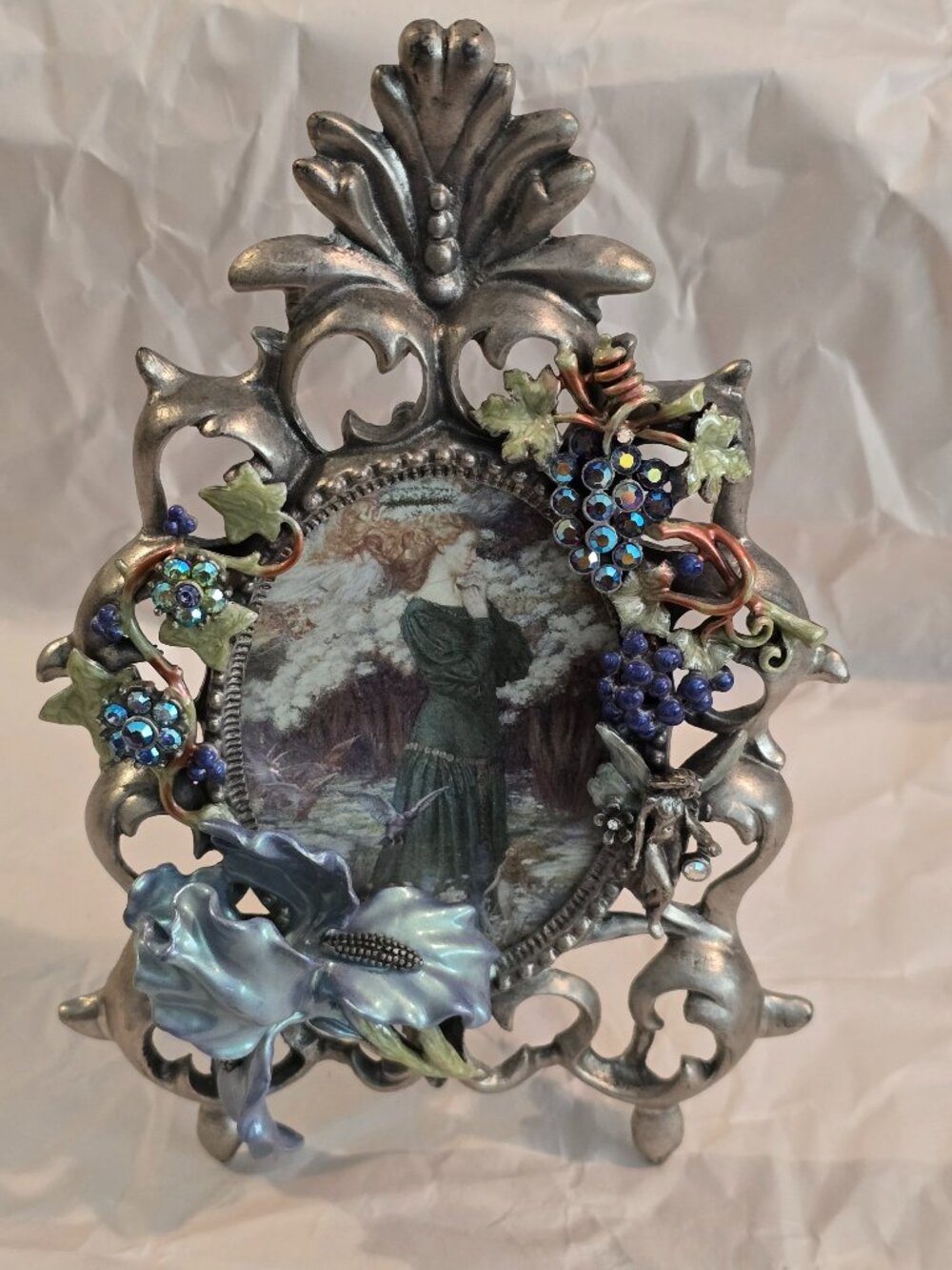 Kirks Folly Fairy Iris Picture Frame Antique Silvertone Rhinestone Grapes